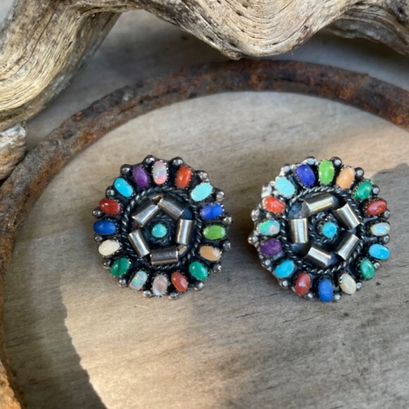 RARE Lorraine Waatsa Zuni Cluster Earrings Vintage Signed - Picture 3 of 8